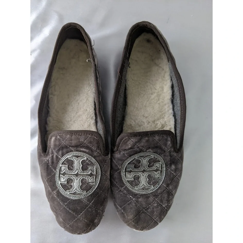 Tory Burch Womens Charcoal Grey Quilted Velvet Faux Shearling Slippers Size 9